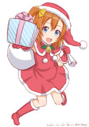 Rule 34 | 10s, 1girl, :d, artist name, bell, blue eyes, boots, bow, box, christmas, dated, full body, gift, gift box, gloves, ha-ru, hair bow, hat, kosaka honoka, looking at viewer, love live!, love live! school idol project, open mouth, orange hair, outstretched arm, over shoulder, pom pom (clothes), red footwear, red gloves, sack, santa boots, santa costume, santa gloves, santa hat, side ponytail, simple background, smile, solo, twitter username, white background