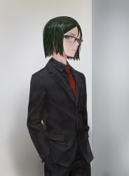 Rule 34 | &gt;:(, 1boy, bespectacled, black hair, black shirt, business suit, collared shirt, cowboy shot, fate/grand order, fate/zero, fate (series), formal, from side, glasses, green eyes, hair between eyes, hands in pockets, highres, indoors, looking at viewer, lord el-melloi ii, male focus, necktie, red necktie, semi-rimless eyewear, shirt, short hair, solo, soonbu, striped necktie, striped neckwear, suit, waver velvet, white background