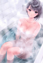 Rule 34 | 1girl, absurdres, bathing, bathroom, bathtub, black hair, blue reflection (series), blue reflection maboroshi ni mau shoujo no ken, breasts, closed mouth, convenient censoring, expressionless, from above, highres, indoors, kishida mel, nude, partially submerged, purple eyes, scan, shirai hinako, short hair, small breasts, solo, steam, steam censor, tile wall, tiles, wet