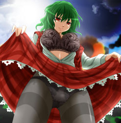 Rule 34 | 1girl, black bra, black panties, blue sky, bra, breasts, checkered clothes, checkered skirt, clothes lift, cloud, female focus, floral print, flower, from below, green hair, grey pantyhose, kazami yuuka, lace, lace-trimmed bra, lace trim, large breasts, lingerie, looking down, midriff, open clothes, open shirt, panties, panties under pantyhose, pantyhose, red eyes, shirt, short hair, skirt, skirt lift, skirt set, sky, smile, solo, sun, sunflower, suzuki sakura, thighband pantyhose, touhou, underwear, upskirt, vest