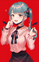 Rule 34 | 1girl, :d, absurdres, bad id, bad pixiv id, black nails, black ribbon, black skirt, blush, center frills, commentary request, cowboy shot, detached wings, earrings, fang, fangs, frills, hair ornament, hair ribbon, hands up, hatsune miku, heart, heart hair ornament, highres, jewelry, long hair, long sleeves, looking at viewer, mask, mouth mask, nail polish, neck ribbon, open mouth, red background, ribbon, simple background, skirt, smile, solo, tokkyu, twintails, vampire (vocaloid), vocaloid, wings