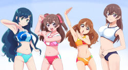 Rule 34 | 4girls, alternate hair length, alternate hairstyle, arm up, armpits, black buruma, blue background, blue buruma, blue hair, blue sports bra, breasts, brown hair, buruma, clenched hand, closed mouth, commentary request, delicious party precure, frown, fuwa kokone, gradient background, hair down, hair ornament, hair ribbon, hairclip, hanamichi ran, hand on own arm, head tilt, highres, long hair, looking at viewer, mature female, medium breasts, mother and daughter, multiple girls, nagomi akiho, nagomi yui, navel, open mouth, orange buruma, orange sports bra, partial commentary, pink sports bra, precure, purple eyes, pururun z, red buruma, red eyes, red ribbon, ribbon, short hair, small breasts, smile, sports bra, sportswear, standing, two side up, white sports bra