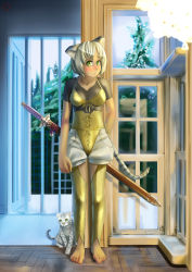 Rule 34 | animal ears, armor, bad id, bad pixiv id, barefoot, blush, cat, cat ears, cat tail, feet, raybar, solo, standing, sword, tail, weapon, white hair