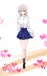 Rule 34 | 1girl, arm behind back, bad id, bad twitter id, blue eyes, blue skirt, blue socks, blush, brown footwear, casual, dress shirt, eno (mauritz stiller), full body, girls und panzer, heart, heart background, highres, itsumi erika, light blush, loafers, long sleeves, looking at viewer, medium hair, miniskirt, parted lips, pleated skirt, shirt, shoes, silver hair, skirt, skirt hold, smile, socks, solo, standing, white shirt, wing collar
