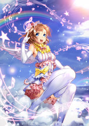 Rule 34 | 10s, 1girl, ajishio, angel wings, bare shoulders, beamed quavers, blue eyes, bow, brown hair, crotchet rest, elbow gloves, frills, gloves, kosaka honoka, love live!, love live! school idol festival, love live! school idol project, musical note, no shoes, one side up, open mouth, quaver, sharp sign, short hair, solo, staff (music), star (symbol), thighhighs, treble clef, white thighhighs, white wings, wings