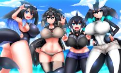 Rule 34 | 4girls, adjusting eyewear, aqua eyes, aqua hair, arm up, ass, bikini, black eyes, black hair, blowhole, blue eyes, blue hair, bodysuit, borrowed character, breasts, cetacean tail, claw pose, closed mouth, competition swimsuit, covered erect nipples, crop top, cropped hoodie, curvy, daddy pomgi, day, diving suit, dorsal fin, drawstring, false killer whale (kemono friends) (isobee), fictional persona, fins, fish tail, gluteal fold, goggles, goggles on head, grey hair, grin, hair between eyes, hand on eyewear, hand up, hands on own hips, hands up, head fins, highres, hood, hood down, hoodie, huge breasts, impossible clothes, kemono friends, killer whale (kemono friends) (stylecase), long-finned pilot whale (kemono friends) (yoshida hideyuki), long hair, long sleeves, looking at viewer, medium hair, multicolored hair, multiple girls, navel, ocean, one-piece swimsuit, open clothes, open mouth, open vest, original, outdoors, pantyhose, pantyhose under shorts, seal tail, sharp teeth, short shorts, shorts, sideboob, smile, southern elephant seal (daddy pomgi), stomach, swimsuit, tail, tankini, teeth, thigh gap, thighhighs, twisted torso, unzipped, vest, wetsuit, zipper