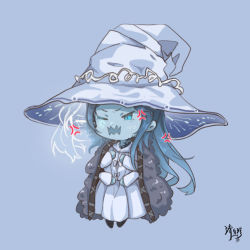 Rule 34 | 1girl, anger vein, angry, blue background, blue hair, blue skin, cloak, colored skin, dress, elden ring, extra arms, extra faces, full body, fur cloak, hat, large hat, long hair, long sleeves, m xy, miniature ranni, one eye closed, open mouth, ranni the witch, signature, simple background, solo, very long hair, white dress, witch hat