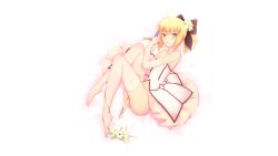 Rule 34 | 1girl, :p, ahoge, artoria pendragon (all), artoria pendragon (fate), ass, bed sheet, black ribbon, blonde hair, blush, breasts, caliburn (fate), collarbone, dress, fate/grand order, fate/stay night, fate/unlimited codes, fate (series), flower, frilled skirt, frills, from above, gloves, green eyes, hair flower, hair ornament, hair ribbon, highres, hitomilook, knees up, lily (flower), long hair, looking at viewer, lying, on bed, on side, ponytail, ribbon, saber (fate), saber lily, sidelocks, simple background, skirt, small breasts, solo, strapless, strapless dress, sword, thighhighs, tongue, tongue out, weapon, white background, white dress, white gloves, white thighhighs