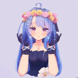 Rule 34 | 1girl, ahoge, artist request, azur lane, blue hair, blush, breasts, cleavage, collarbone, earrings, flower, gloves, hair ornament, head wreath, helena (azur lane), helena (may i have this dance?) (azur lane), highres, jewelry, long hair, looking at viewer, official alternate costume, open mouth, purple eyes, simple background, solo, ty4nak, upper body, white flower
