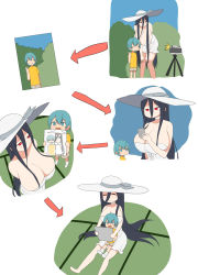 Rule 34 | 1boy, 1girl, 2channel, age difference, arrow (symbol), bent over, black hair, blue eyes, blue hair, breasts, camera, child, child&#039;s drawing, cleavage, closed eyes, drawing, dress, ghost, hasshaku-sama, hat, highres, holding, huge breasts, kloah, long hair, onee-shota, open mouth, original, photo (object), red eyes, short hair, sitting, sitting on lap, sitting on person, size difference, smile, strapless, strapless dress, sun hat, tatami, tears, tripod, v, very long hair, white dress, white hat