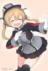 Rule 34 | 1girl, ahenn, anchor, anchor hair ornament, black hat, black skirt, black thighhighs, blonde hair, closed eyes, commentary request, gloves, hair between eyes, hair ornament, hat, kantai collection, long hair, long sleeves, low twintails, microskirt, military, military hat, military uniform, open mouth, peaked cap, pleated skirt, prinz eugen (kancolle), skirt, smile, solo, thighhighs, twintails, twitter username, uniform, white gloves
