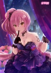 Rule 34 | 1girl, azuma kei, black gloves, breasts, choker, cleavage, curtains, dress, eyelashes, finger to mouth, gloves, idolmaster, idolmaster cinderella girls, idolmaster cinderella girls starlight stage, jougasaki mika, long hair, looking at viewer, medium breasts, pink hair, purple dress, side ponytail, smile, solo, tattoo, yellow eyes