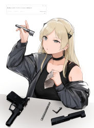 Rule 34 | 1girl, absurdres, black choker, blonde hair, braid, breasts, choker, cleaning, cleaning weapon, cloth, daewoo k5, dress, earrings, girls&#039; frontline, grey eyes, grey jacket, gun, half-closed eye, handgun, highres, holding, holding cloth, jacket, jewelry, k5 (girls&#039; frontline), long hair, long sleeves, parted lips, rampart1028, simple background, solo, translation request, upper body, weapon, white background