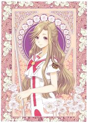 Rule 34 | 1girl, ametsuchi akino, aria (manga), bow, bowtie, brown hair, closed mouth, collarbone, cowboy shot, dress, eyelashes, floral background, flower, highres, himeya company uniform, holding, holding oar, impossible clothes, impossible dress, long hair, looking at viewer, oar, parted bangs, purple eyes, red bow, red bowtie, sailor collar, short sleeves, sidelocks, smile, solo, swept bangs, telaform, white dress, white flower