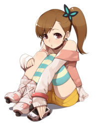 Rule 34 | 1girl, bare shoulders, brown eyes, brown hair, butterfly hair ornament, choker, chousoku henkei gyrozetter, hair ornament, hitoto, inaba rinne, legs up, long sleeves, open mouth, roller skates, shorts, side ponytail, single thighhigh, sitting, skates, solo, striped clothes, striped thighhighs, thighhighs, toy car