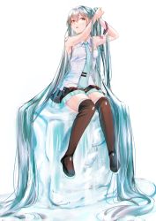 Rule 34 | 1girl, absurdly long hair, absurdres, arm tattoo, bare arms, black footwear, black skirt, blue eyes, blue hair, boots, collared shirt, floating hair, full body, hair between eyes, hatsune miku, highres, long hair, looking at viewer, miniskirt, number tattoo, open mouth, pleated skirt, shirt, simple background, sitting, skirt, sleeveless, sleeveless shirt, solo, tattoo, thigh boots, thighhighs, twintails, tying hair, utane (vtcv3227), very long hair, vocaloid, white background, white shirt, wing collar, zettai ryouiki