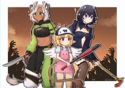 Rule 34 | 3girls, abs, absurdres, animal ears, artist request, baseball bat, black dress, black hair, blonde hair, blue eyes, breasts, brown background, brown eyes, character request, cleavage cutout, clothing cutout, dark-skinned female, dark skin, dress, flat chest, hammer, hat, highres, holding, holding weapon, horns, knife, large breasts, light blush, medium breasts, multiple girls, multiple others, navel, orange background, overalls, pants, pointy ears, sansin jin, short hair, skirt, sportswear, tail, virtual youtuber, weapon, white hair, wings, yellow eyes, zombie