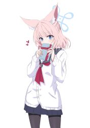 Rule 34 | 1girl, absurdres, alternate costume, animal ears, blue archive, blue eyes, blunt bangs, blush, commentary request, covering own mouth, gift, halo, highres, holding, kamitosayu, looking at viewer, medium hair, niko (blue archive), pantyhose, pink hair, school uniform, solo, white background