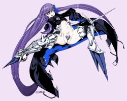 Rule 34 | 1girl, blue eyes, blue ribbon, boots, colorized, crotch plate, fate/extra, fate/extra ccc, fate/grand order, fate (series), full body, highres, isemagu, long hair, meltryllis (fate), pink background, purple hair, ribbon, simple background, spikes, thighs, third-party edit