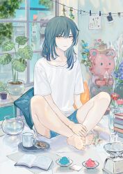 Rule 34 | 1boy, barefoot, blue eyes, blue hair, blue pants, book, closed mouth, cookie, cup, flower, food, highres, iei000, indoors, looking at viewer, medium hair, open book, original, pants, plant, plate, potted plant, shirt, short sleeves, sitting, solo, tagme, white shirt, window