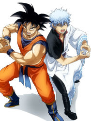Rule 34 | 2boys, back-to-back, bad id, bad pixiv id, black eyes, black hair, blue footwear, boots, collarbone, crossover, dragon ball, dragonball z, fighting stance, gintama, kamehameha (dragon ball), looking at viewer, male focus, maruki (punchiki), messy hair, multiple boys, muscular, open mouth, red eyes, sakata gintoki, silver hair, son goku, spiked hair, teeth, white background, wristband