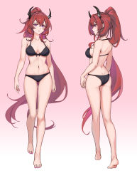 Rule 34 | 1girl, absurdres, arknights, ass, back, bare arms, bare legs, bare shoulders, barefoot, bikini, black bikini, breasts, cleavage, dimples of venus, full body, gradient background, high ponytail, highres, horns, kneepits, long hair, looking at viewer, lunn, medium breasts, multiple views, nail polish, parted lips, pink background, pink nails, purple eyes, red hair, sideboob, skindentation, standing, surtr (arknights), swimsuit, toenail polish, toenails, very long hair