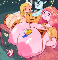 Rule 34 | adventure time, animal hat, award ribbon, badge, black eyes, black hair, blonde hair, blue skin, blush, breast lift, breasts, bulumble-bee, colored skin, crown, decorations, desk slam, fangs, fionna the human girl, gigantic breasts, grass, halloween, hanging light, hat, highres, huge areolae, huge breasts, huge nipples, looking at breasts, looking at viewer, looking down, looking to the side, marceline abadeer, massive tits, name tag, nervous, nervous smile, nervous sweating, nipples, open mouth, orange shirt, pink hair, pink skin, pointy ears, potion, princess bonnibel bubblegum, pumpkin bra, pumpkin costume, rabbit hat, shirt, smile, string lights, string of light bulbs, sweat, sweatdrop, table, thump vfx, white headwear