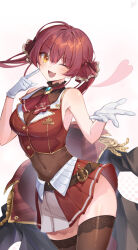 Rule 34 | 1girl, absurdres, ascot, bare shoulders, belt, black choker, black thighhighs, blush, breasts, brooch, brown belt, choker, cleavage, covered navel, cropped jacket, fang, frilled choker, frills, gloves, hair between eyes, hair ribbon, highres, hololive, houshou marine, houshou marine (1st costume), jacket, jewelry, lace, lace-trimmed legwear, lace trim, large breasts, leather belt, leotard, leotard under clothes, long hair, looking at viewer, miniskirt, one eye closed, open mouth, pleated skirt, red ascot, red hair, red jacket, red skirt, ribbon, see-through, see-through leotard, skin fang, skirt, sleeveless, sleeveless jacket, smile, solo, thighhighs, thighs, twintails, virtual youtuber, white gloves, xivi9, yellow eyes