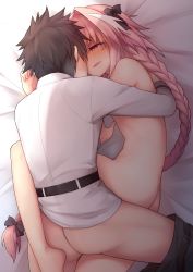 Rule 34 | 2boys, anal, artist name, ass, astolfo (fate), barefoot, bed sheet, belt, black bow, black hair, black pants, blouse, blush, bow, boy on top, braid, braided ponytail, clothes pull, commentary request, eye contact, fang, fate/apocrypha, fate/grand order, fate (series), from above, fujimaru ritsuka (male), full-face blush, hair bow, hair intakes, half-closed eyes, happy sex, hug, long hair, long sleeves, looking at another, lying, male focus, male penetrated, multicolored hair, multiple boys, nude, on bed, on side, open mouth, pants, pants pull, pink eyes, pink hair, revision, sex, shirt, single braid, skin fang, smile, spread legs, streaked hair, sweat, trap, very long hair, waero, white hair, white shirt, yaoi