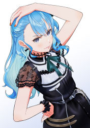 Rule 34 | 1girl, black dress, blue eyes, blue hair, bow, bow earrings, breasts, dress, earrings, hand on own head, hand on own hip, highres, hololive, hoshimachi suisei, hoshimachi suisei (streetwear), jewelry, lips, long hair, nail polish, one side up, orange nails, scrunchie, small breasts, smile, solo, upper body, v-shaped eyebrows, virtual youtuber, wrist scrunchie, zabudog777