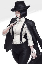 Rule 34 | 1girl, black hair, black hat, black legwear, black nails, blouse, bob cut, bracelet, briefcase, brown eyes, collared shirt, formal, hat, highres, jewelry, looking to the side, nail polish, necktie, nuker (nukerdraws), original, ring, see-through silhouette, shirt, solo, suit, suspenders, watch, white shirt