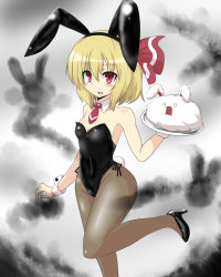 Rule 34 | 1girl, animal ears, blonde hair, breasts, comic, commentary request, covered navel, detached collar, fang, goma (gomasamune), hair ornament, high heels, highres, kedama (touhou), leotard, looking at viewer, necktie, open mouth, pantyhose, playboy bunny, rabbit ears, rabbit tail, red eyes, rumia, short hair, small breasts, smile, solo, tail, touhou, tray, wrist cuffs