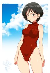 Rule 34 | 1990s (style), 1girl, black hair, blush, breasts, brown eyes, clothes writing, covered erect nipples, covered navel, cowboy shot, day, gradient background, highleg, highleg swimsuit, highres, hip focus, looking at viewer, mudou eichi, nakamura asako, one-piece swimsuit, outside border, red one-piece swimsuit, retro artstyle, short hair, sky, solo, solo focus, standing, swimsuit, ushio to tora