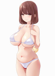 Rule 34 | 1girl, absurdres, arm behind back, bikini, blush, bob cut, bread, breasts, brown eyes, brown hair, closed mouth, food, highres, holding, holding food, large breasts, looking at viewer, marui koishi, melon bread, navel, original, short hair, simple background, smile, solo, swimsuit, thighs, white background, white bikini