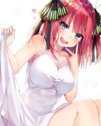 Rule 34 | 1girl, :d, bare shoulders, black ribbon, blue eyes, blunt bangs, blush, breasts, butterfly hair ornament, collarbone, commentary request, cowboy shot, dress, finger to cheek, go-toubun no hanayome, hair ornament, hair ribbon, head tilt, heart, highres, holding, holding clothes, holding dress, large breasts, long hair, looking at viewer, machamochi, md5 mismatch, multicolored nails, nail polish, nakano nino, open mouth, pink hair, resolution mismatch, ribbon, sidelocks, simple background, sitting, smile, solo, source larger, strapless, strapless dress, teeth, two side up, upper teeth only, v, wedding dress, white background, white dress
