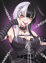 Rule 34 | 1girl, absurdres, alternate hair color, black choker, black dress, black hair, black nails, blush, breasts, choker, cleavage, danz, dress, hair ornament, highres, hololive, hololive english, lace, lace choker, large breasts, layered dress, long hair, looking at viewer, multicolored hair, shiori novella, shiori novella (1st costume), short dress, sleeveless, sleeveless dress, solo, split-color hair, teeth, tongue, tongue out, two-tone hair, upper body, upper teeth only, virtual youtuber, white hair, yellow eyes, yorick (shiori novella)