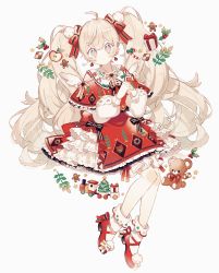 Rule 34 | 1girl, apple, bad id, bad pixiv id, bow, brown bow, candy, candy cane, checkerboard cookie, christmas, cookie, dress, dress bow, earrings, food, frills, fruit, full body, gift, gingerbread man, hair bow, hair ribbon, highres, holly, jewelry, long hair, long sleeves, original, own hands together, print dress, red bow, red dress, red footwear, ribbon, simple background, solo, stuffed animal, stuffed toy, teddy bear, toy train, twintails, uekura eku, very long hair, white background, white legwear