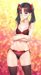 Rule 34 | 1girl, black hair, black thighhighs, blue eyes, bra, breasts, closed mouth, collarbone, commentary request, crossed arms, fate/stay night, fate (series), hair ribbon, lingerie, lips, navel, panties, red bra, red panties, red ribbon, ribbon, side-tie panties, skindentation, small breasts, solo, standing, stomach, thighhighs, tohsaka rin, twintails, underwear, underwear only, v-shaped eyebrows, zucchini