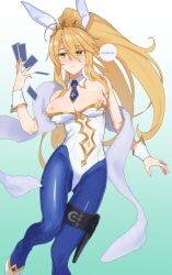 Rule 34 | ..., 1girl, ahoge, animal ears, artoria pendragon (all), artoria pendragon (fate), artoria pendragon (swimsuit ruler) (fate), bare shoulders, blonde hair, blue pantyhose, blush, braid, breasts, breasts out, card, clothing cutout, detached collar, doka yuki (tsumorisugi), fate/grand order, fate (series), feather boa, fishnet pantyhose, fishnets, french braid, gold trim, green eyes, hair between eyes, highleg, highleg leotard, highres, holster, large breasts, leotard, long hair, looking to the side, navel, navel cutout, necktie, nipples, pantyhose, playboy bunny, playing card, ponytail, rabbit ears, sidelocks, solo, thigh strap, thighs, tiara, white leotard, wrist cuffs