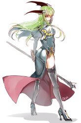 Rule 34 | 1girl, ass, black thighhighs, c.c., code geass, cosplay, creayus, full body, green hair, hand on own hip, headgear, high heels, long hair, looking at viewer, priest (ragnarok online), priest (ragnarok online) (cosplay), ragnarok online, simple background, smile, solo, thighhighs, white background, yellow eyes