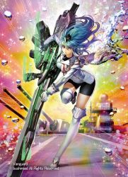 Rule 34 | 1girl, blue hair, boots, bubble, capelet, cardfight!! vanguard, company name, copyright name, gloves, gun, huge weapon, long hair, military, military uniform, momose hisashi, official art, purple eyes, solo, sparkle, tear knight valeria, uniform, weapon