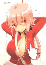 Rule 34 | 1girl, arms behind head, arms up, blush, bondage, bound, bound wrists, braid, breasts, center opening, cleavage, fate/grand order, fate (series), florence nightingale (fate), kujiran, large breasts, long hair, military, military uniform, parted lips, pink hair, pointer, red eyes, single braid, solo, sweat, translation request, trembling, twitter username, unbuttoned, uniform, upper body, wavy mouth