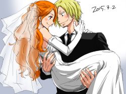 Rule 34 | 10s, 1boy, 1girl, 2015, bare shoulders, black suit, blonde hair, blush, bouquet, bridal veil, bride, carrying, couple, dated, dress, elbow gloves, eye contact, flower, formal, gloves, groom, hair over one eye, hetero, looking at another, nami (one piece), one piece, princess carry, sanji (one piece), short hair, strapless, strapless dress, suit, veil, wedding dress, white dress, white gloves, yamadaenako