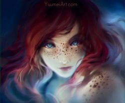 Rule 34 | 1girl, blurry, blurry foreground, commentary, depth of field, english commentary, eyeshadow, freckles, green eyes, looking at viewer, makeup, original, portrait, red hair, red lips, solo, star (symbol), upper body, watermark, yuumei