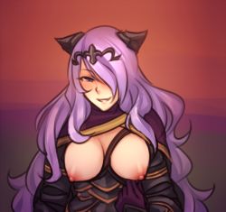 Rule 34 | 1girl, breasts, breasts out, camilla (fire emblem), fire emblem, fire emblem fates, hair over one eye, large breasts, long hair, looking at viewer, monorus, naughty face, nintendo, nipples, no bra, purple eyes, purple hair, seductive smile, smile, solo, strap, very long hair