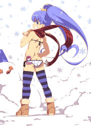 Rule 34 | 1girl, :d, ass, blue eyes, blue hair, blue thighhighs, blush, boots, butt crack, cellphone, crown, cure princess, from behind, full body, fur trim, grin, hand on own hip, happinesscharge precure!, heart, highres, long hair, looking at viewer, looking back, mini crown, open mouth, panties, phone, polka dot, polka dot panties, precure, red scarf, scarf, shirayuki hime, skindentation, smile, snow, snowflakes, snowman, solo, standing, striped clothes, striped thighhighs, tasaka shinnosuke, thick eyebrows, thighhighs, twintails, underwear, very long hair, white panties