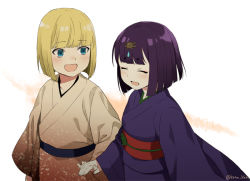 Rule 34 | 1boy, 1girl, aged down, blonde hair, blunt bangs, bob cut, child, closed eyes, commentary request, fate/apocrypha, fate/grand order, fate (series), green eyes, hime cut, horns, japanese clothes, kaidou j1, kimono, oni, open mouth, purple hair, sakata kintoki (fate), short hair, shuten douji (fate), simple background, skin-covered horns, smile, white background