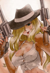 Rule 34 | 1girl, absurdres, alternate costume, aqua eyes, blonde hair, breasts, catnap knight kureto, cleavage, cowboy hat, cowgirl miss fortune, female focus, fingerless gloves, gloves, gun, hair over one eye, handgun, hat, highres, large breasts, league of legends, lipstick, long hair, looking at viewer, crime city miss fortune, makeup, nail polish, open mouth, revolver, miss fortune (league of legends), solo, weapon