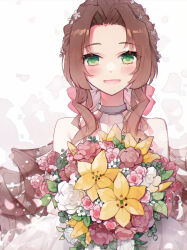 Rule 34 | 1girl, aerith gainsborough, alternate costume, bare shoulders, blush, bouquet, bow, brown hair, commentary, dress, falling petals, final fantasy, final fantasy vii, final fantasy vii remake, flower, green eyes, hair bow, hair flower, hair ornament, halter dress, halterneck, highres, hiyunagi, holding, holding bouquet, lily (flower), long hair, looking at viewer, open mouth, parted bangs, petals, pink bow, pink flower, ponytail, sidelocks, smile, solo, upper body, white flower, yellow flower