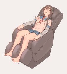 Rule 34 | 1girl, bare legs, barefoot, black hair, blush, breasts, breath, closed eyes, collared shirt, commentary request, full body, glasses, grey background, hairband, heavy breathing, highres, kantai collection, layered clothes, layered sleeves, legs, long hair, long sleeves, lying, massage chair, ooyodo (kancolle), open mouth, puffy sleeves, semi-rimless eyewear, shaking, shirt, short over long sleeves, short sleeves, simple background, small breasts, solo, torogao, under-rim eyewear, yuuji (and)
